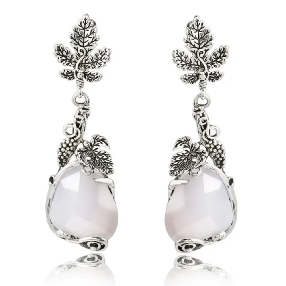 925 Sterling Silver Plated Leaf Details Synthetic White Stone Drop Earrings